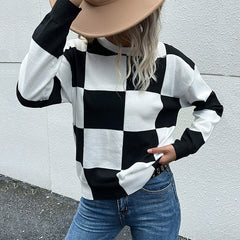 Autumn Winter Women Wear Long Sleeve Black White Checkerboard Plaid Sweater