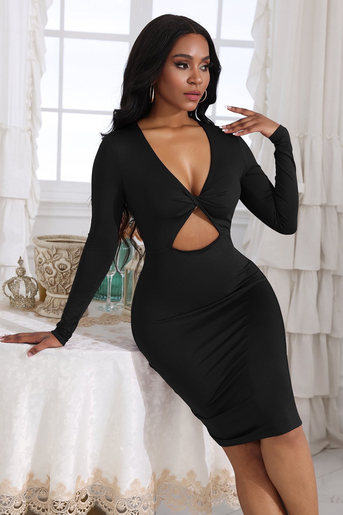 Long Sleeved Sexy Slimming Sheath Dress Autumn V Neck Nightclub Wrapped Chest Hollow Out Cutout Sexy Dress