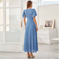 Women Clothing Spring Summer Fashionable Elegant V neck Stitching Lace Sleeve Dress