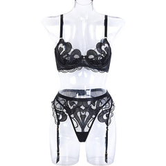 Women Clothing Summer Lace Mesh Embroidered Sexy Underwear Push up Sling Three-Piece Set