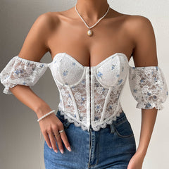 Sexy Sexy See through Lace Low Cut Vest Short Boning Corset Breasted Top