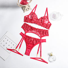 Women  Clothing Embroidered Lace Mesh Sexy Underwear with Steel Ring Gathered Three Piece Suit