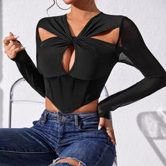 Sexy Sexy See through Stitching T shirt Boning Corset Waist Long Sleeve Top Women