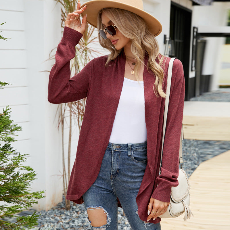 Mid-Length Sweater Coat Loose Sweater Solid Color All-Matching Long Sleeve Knitted Cardigan