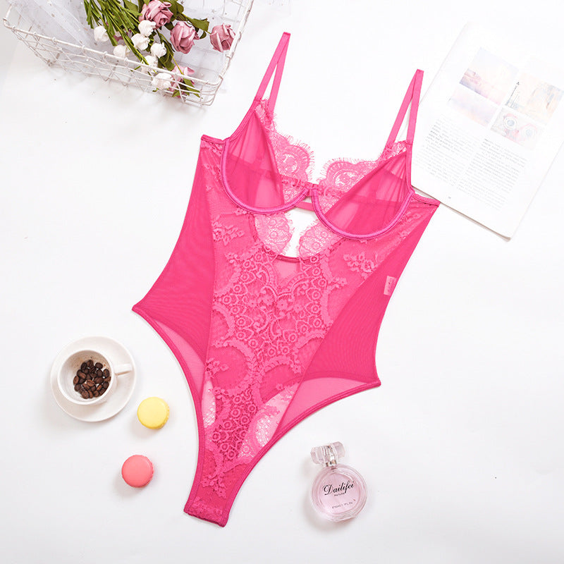 Sexy Underwear Women Clothing Lace Floral Border Mesh Sexy Sleeveless Jumpsuit