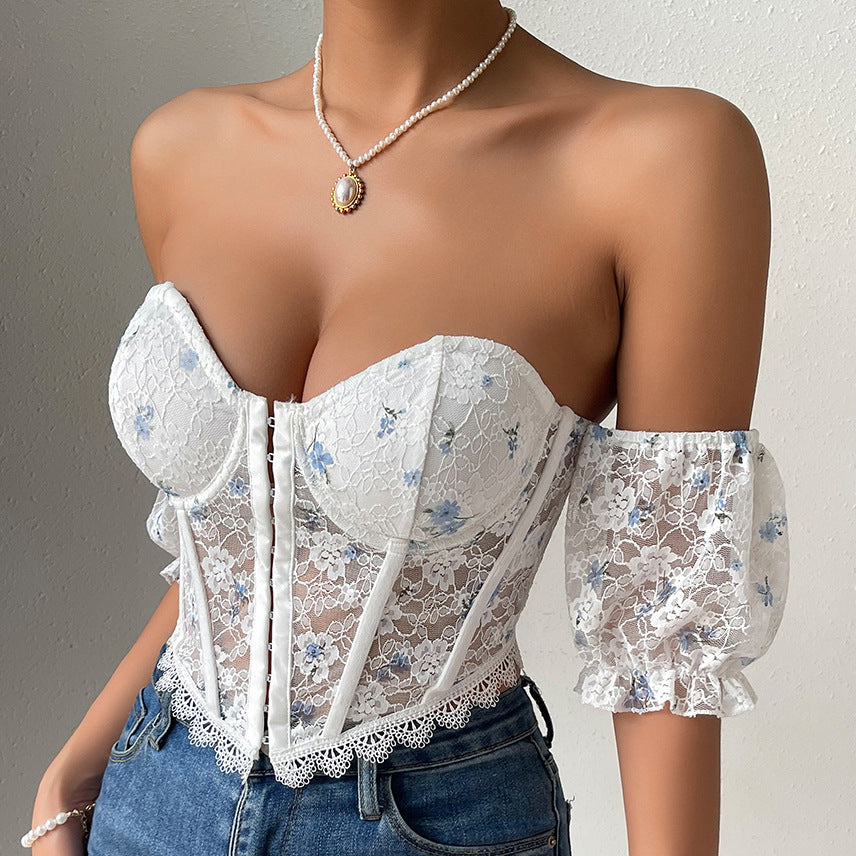 Sexy Sexy See through Lace Low Cut Vest Short Boning Corset Breasted Top