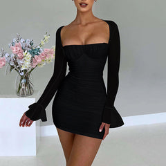 Sexy Tight Dress Autumn Winter Fashionable See through Long Sleeve Backless Hip Dress