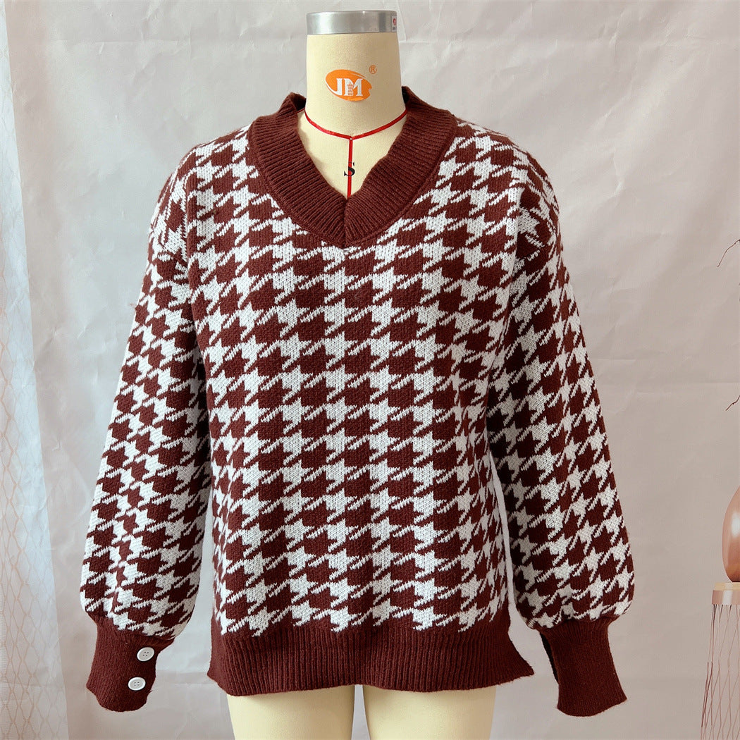 Office Sleeve Button Slit Houndstooth V neck Thickening Long Sweater Pullover