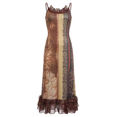 Bohemian Seagrass Abstract Printing Cami Dress Retro Ethnic Slim Fishtail Hip