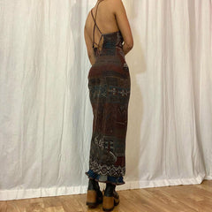 Retro Private Clothing Vacation Niche Printed Double Layer Mesh Backless Strap Dress Slim Fit Maxi Dress