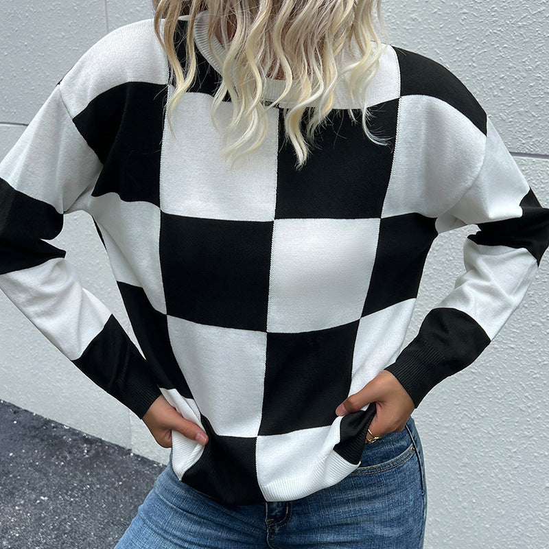 Autumn Winter Women Wear Long Sleeve Black White Checkerboard Plaid Sweater