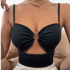 Solid Color Stitching Ring Hollow Out Cutout Chest Wrap Sexy Camisole Women