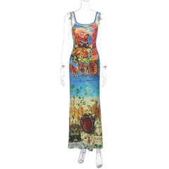 Women Clothing Summer Retro Fashionable Personalized Printed off Neck Strap Dress