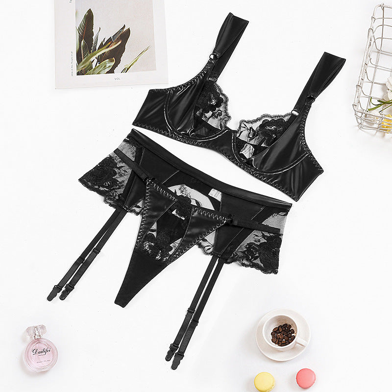 Women Clothing See through Embroidery Lace Joint Fabric Leather Sexy Underwear Three Piece Set