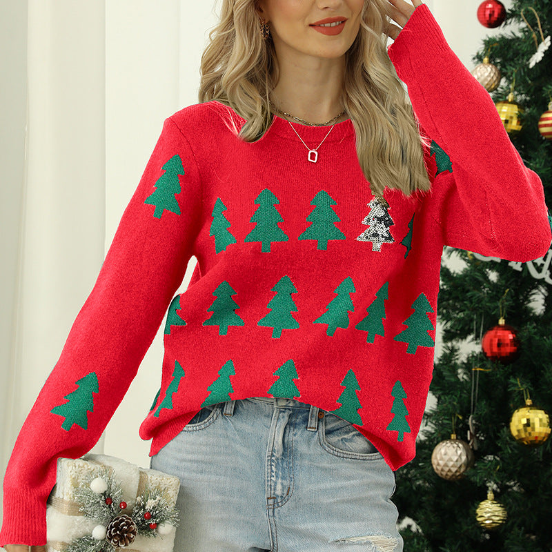 Women Clothing Autumn Winter Pullover Jacquard Christmas Tree Knitted Sweater Long Sleeve Red Christmas Sweater