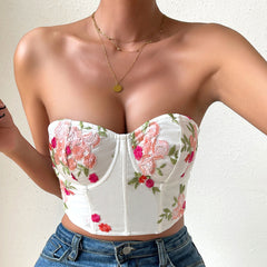Women Sexy Low Cut Sexy Embroidery Short Top Steel Ring Boning Corset Bone Clothes