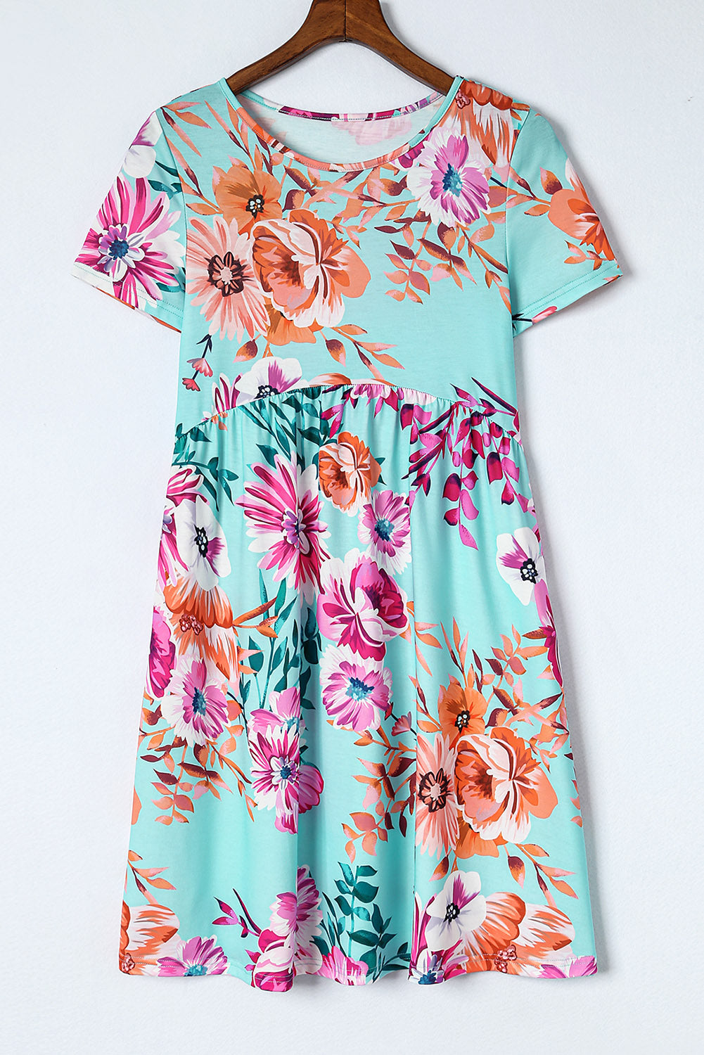 Sky Blue Short Sleeve High Waist Floral T-shirt Dress