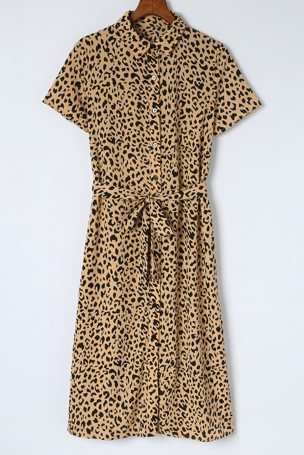 Khaki Leopard Turn-Down Collar Slit Midi Dress