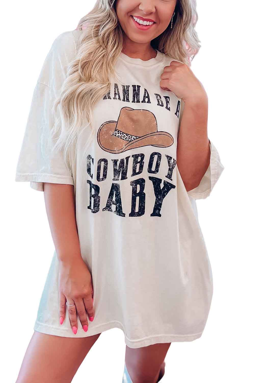 Beige I WANNA BE A COWBOY Western Graphic Oversized Tee