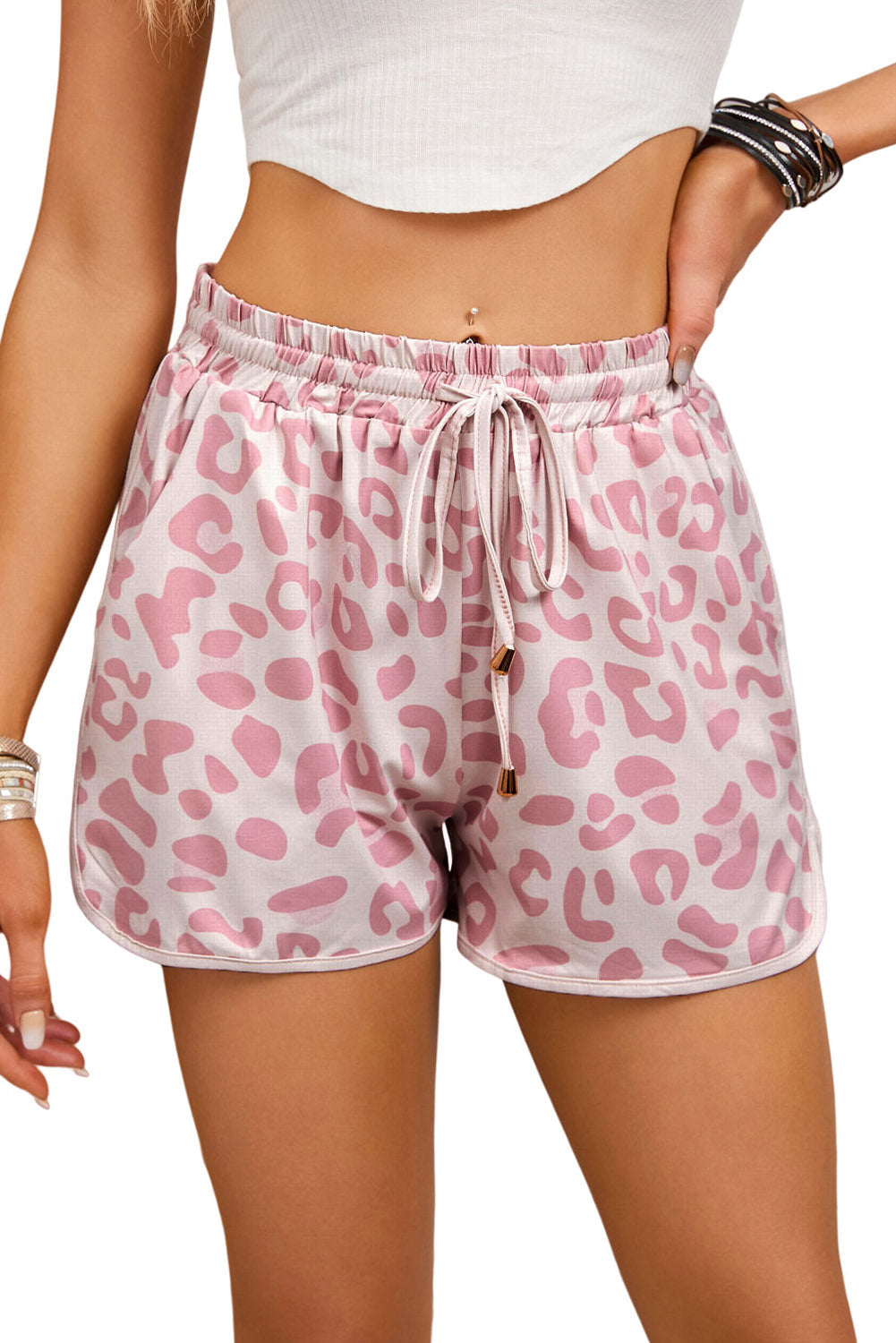 Pink Casual Drawstring Leopard Shorts