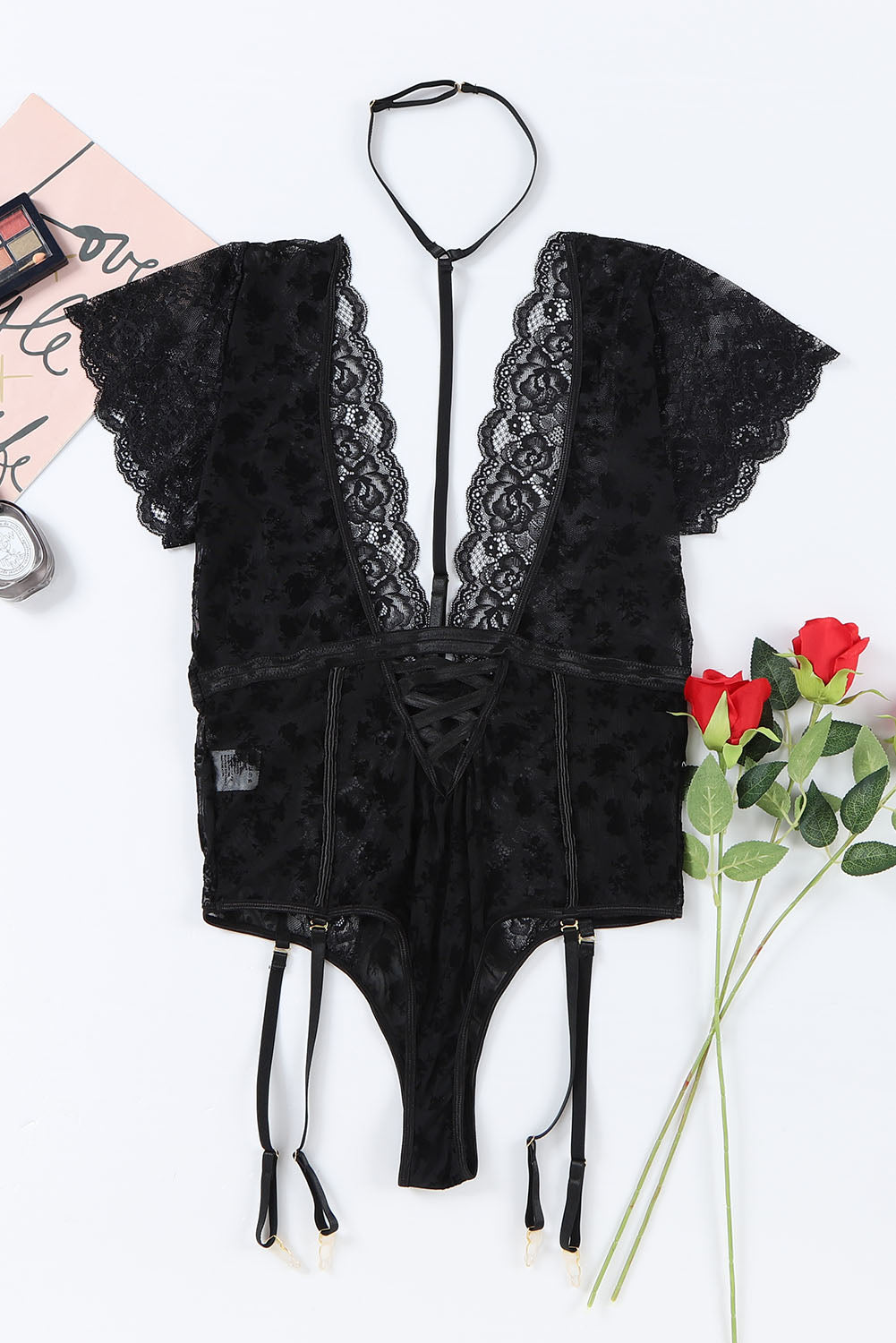 Black Plus Size Strappy Floral Lace Mesh Teddy Lingerie
