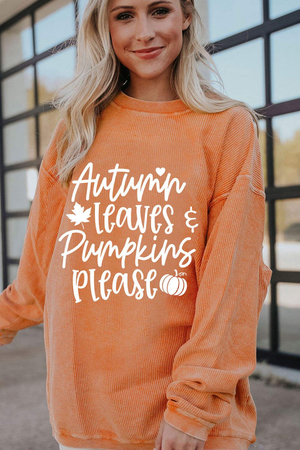 Orange Autumn Leaves Pumpkins Please Ribbed Oversized Sweatshirt