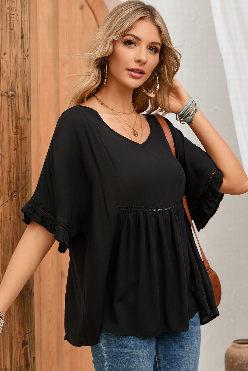 Apricot Ruffled Lace Detail Loose V Neck Top