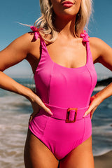 Rose Ribbed Knot Straps One-Piece Swimsuit with Waist Tie