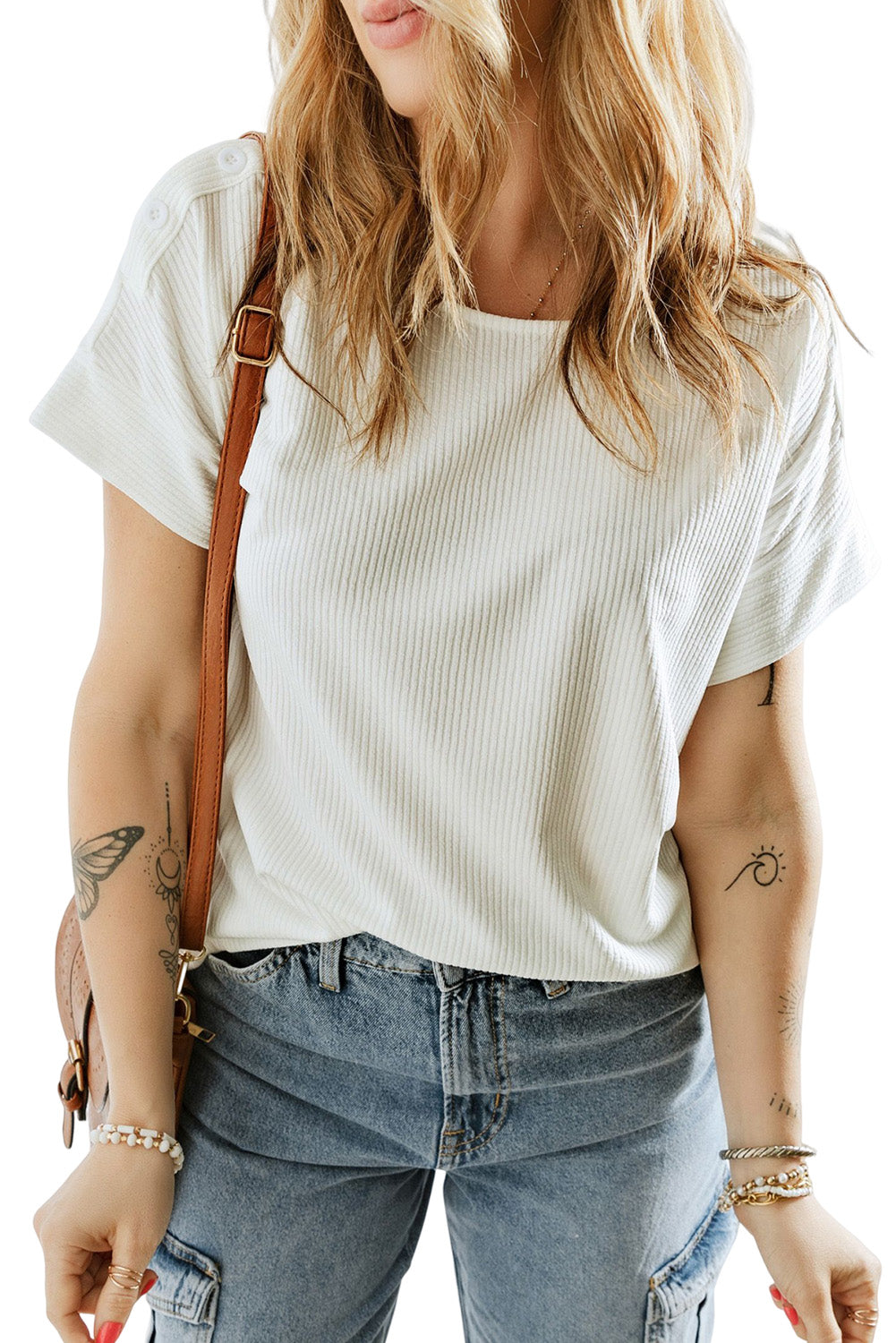 White Ribbed Texture Buttoned Shoulder Top