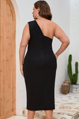 Black Cutout One Shoulder Plus Size Mid Dress