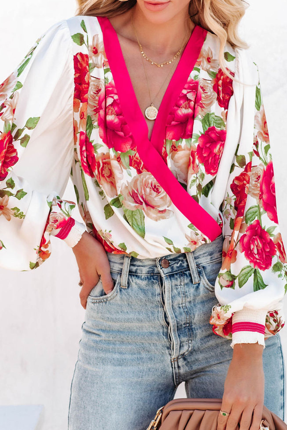 Rose Floral Print V Neck Wrap Bodysuit
