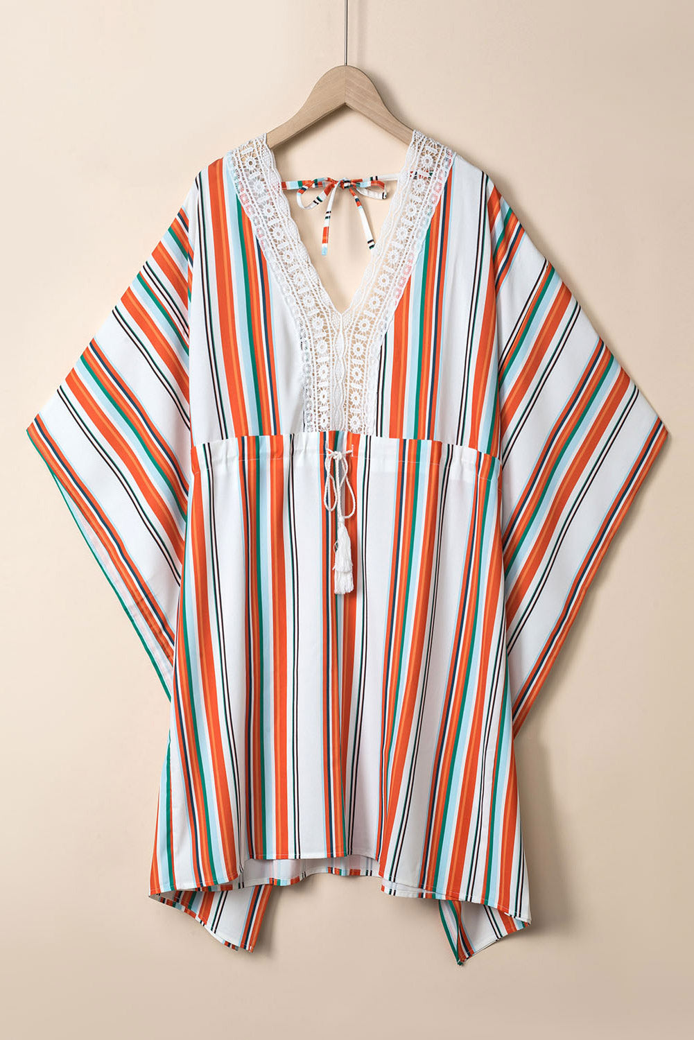 Multicolor Striped Lace V Neck Wide Sleeves Cinched Swimsuit Cover up