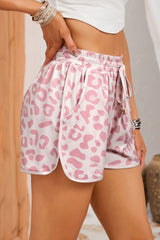 Pink Casual Drawstring Leopard Shorts