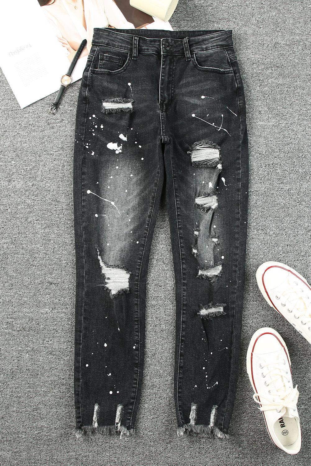 Black Ink Splash Distressed Skinny Jeans