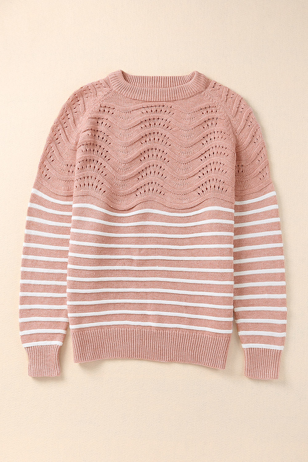 Pink Striped Textured Long Sleeve Knit Sweater