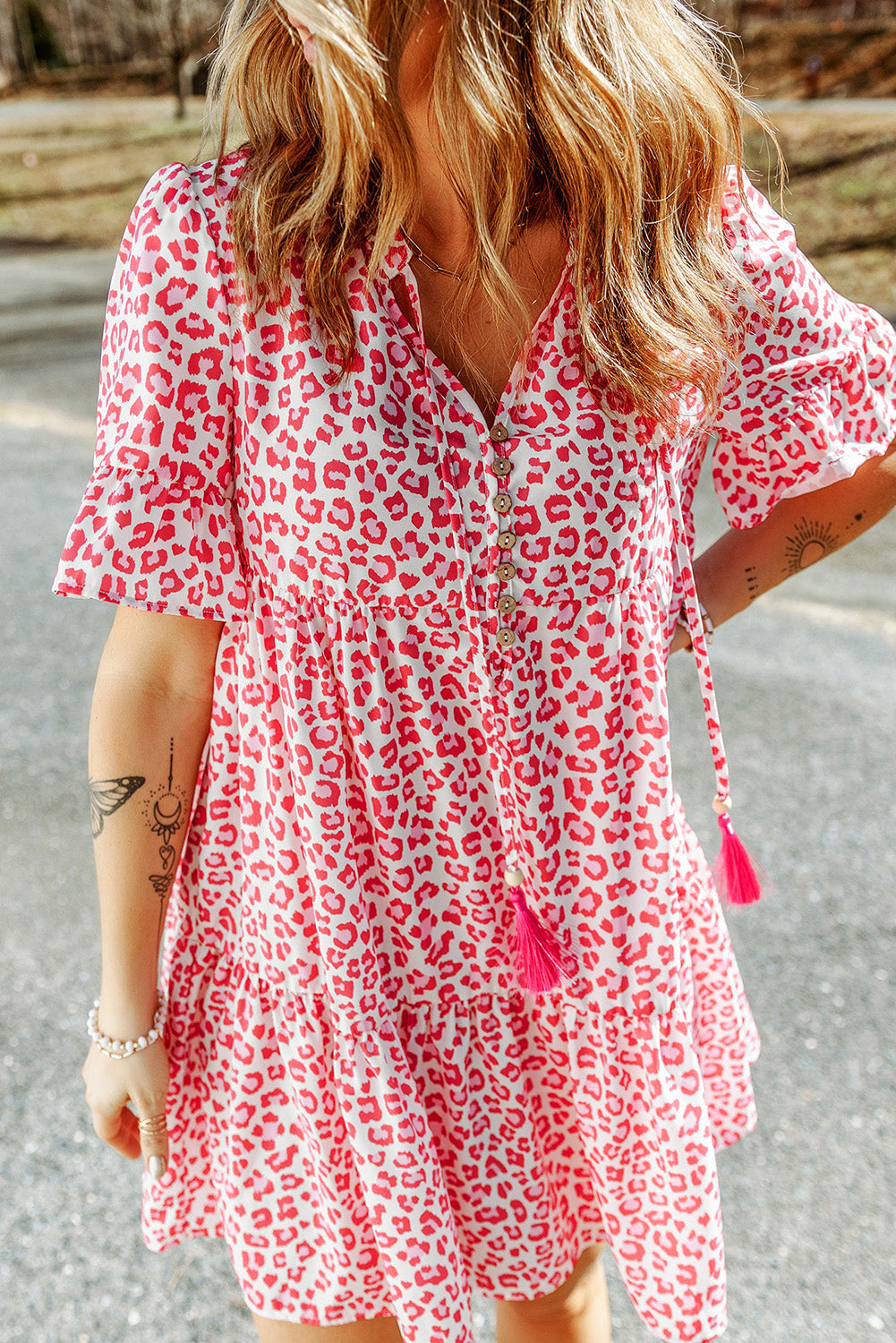 Pink Flutter Sleeve Leopard Short Dress