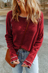 Red Textured Round Neck Long Sleeve Top