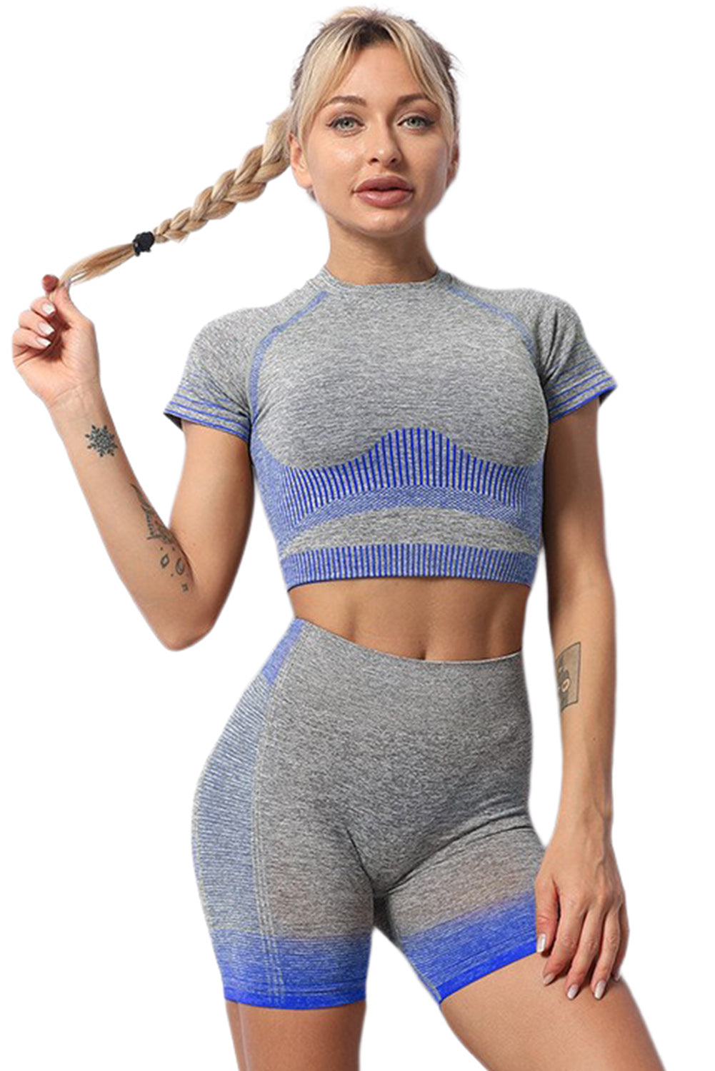 Sky Blue Striped Gradient Color Print Cropped High Waist Yoga Wear