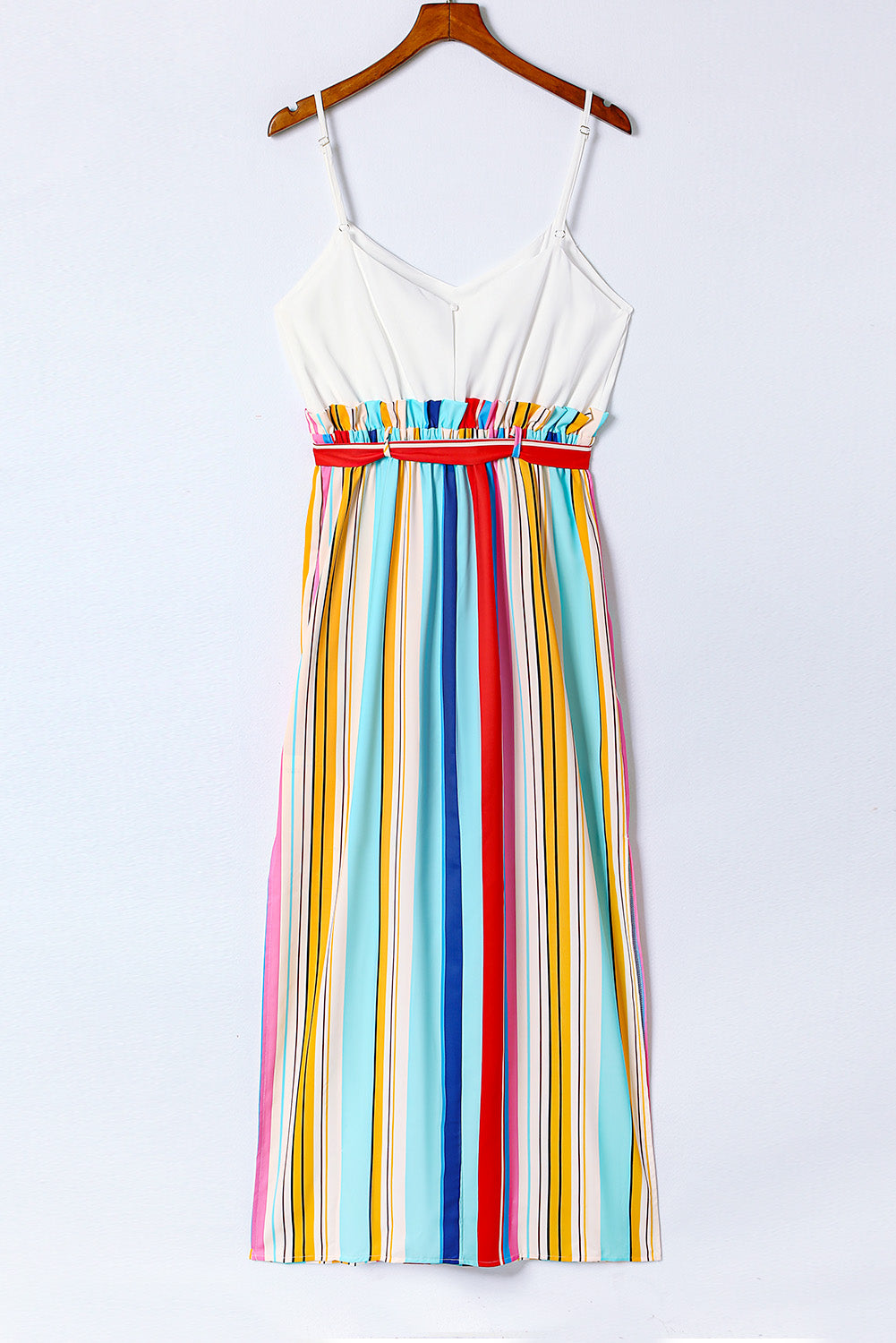 Stripe Splicing Paperwaist Spaghetti Straps Maxi Dress