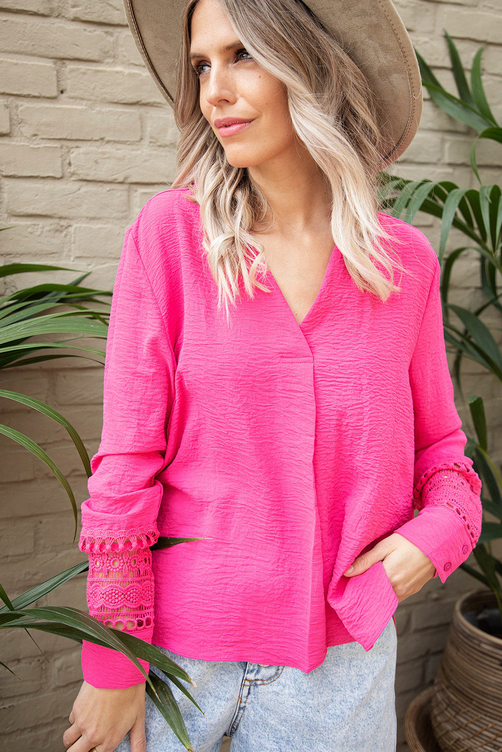 Rose Lace Crochet Textured V Neck Top
