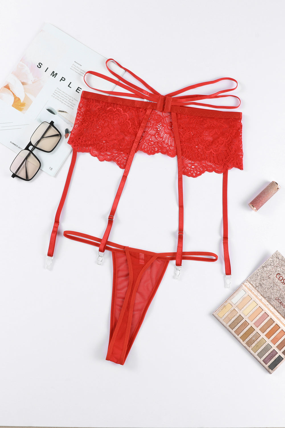 Red Lace Strappy Garter Belt with Thong