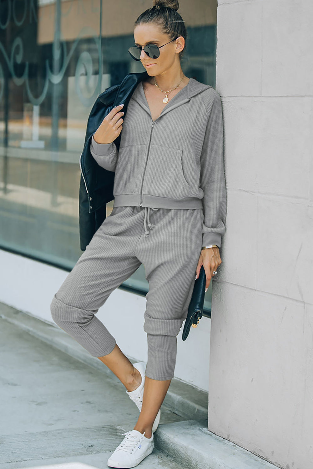 Brown Waffle Knit Zip-Up Hoodie and Pants Athleisure Outfit