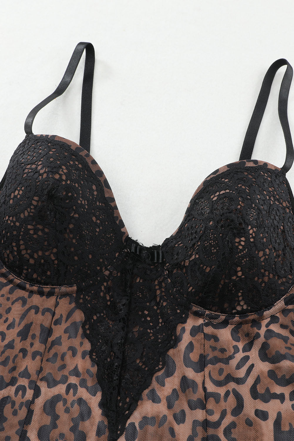 Leopard Lace Splicing Babydoll Set with Thong