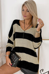Black Contrast Striped V Neck Loose Sweater