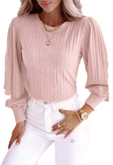 Pink Striped Texture Knitted Bishop Sleeve Top