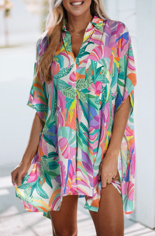 Multicolor Plant Print Button-up Half Sleeve Beach Cover Up