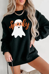 Black Halloween Spooky Ghost Print Crewneck Pullover Sweatshirt