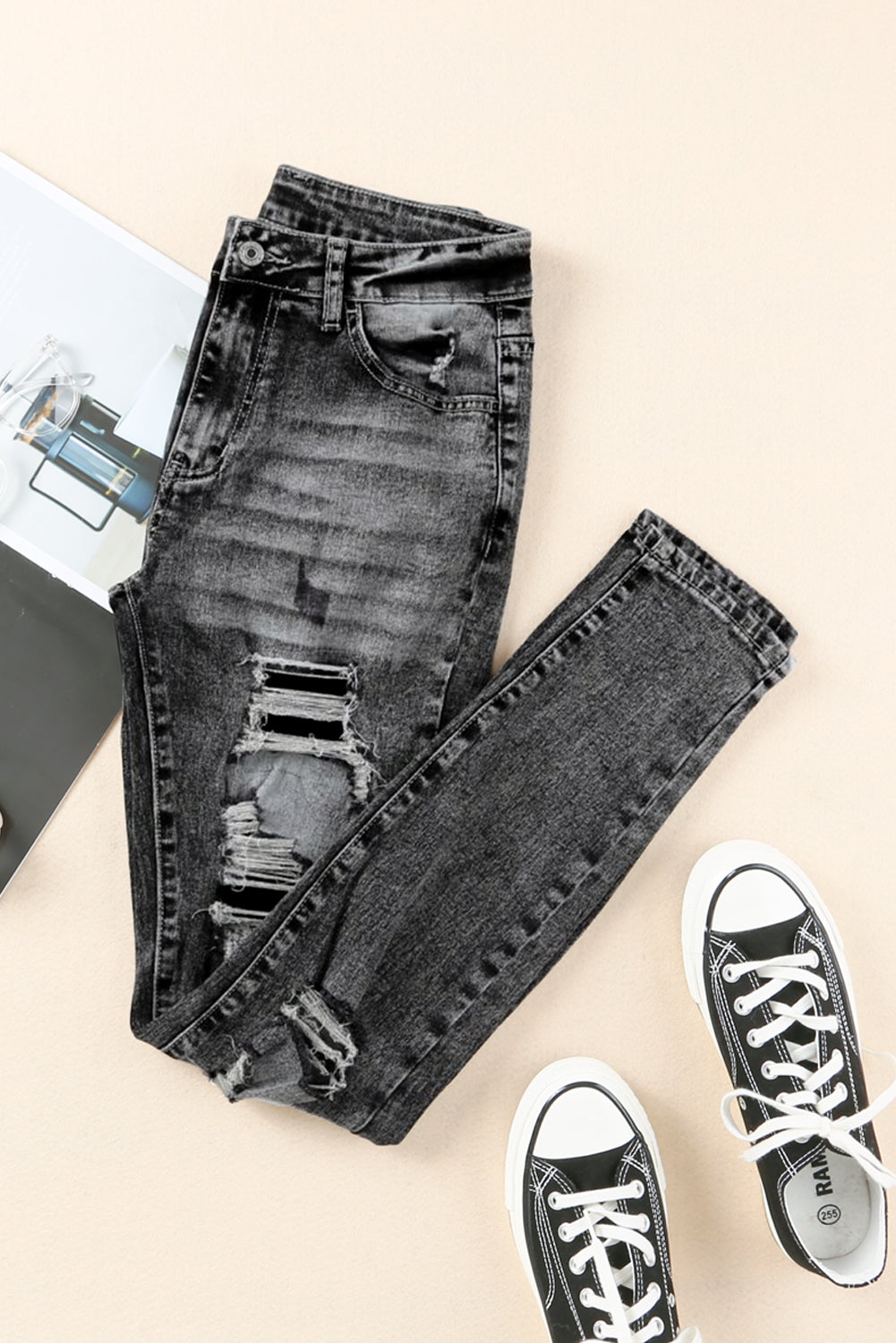 Gray Acid Wash High Rise Ripped Skinny Jeans