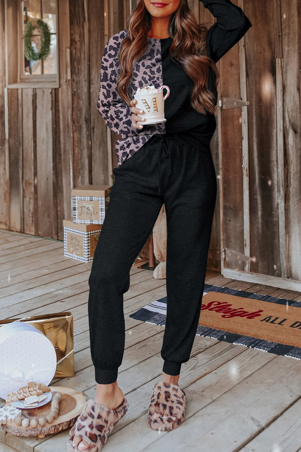 Black Contrast Leopard Long Sleeve Pullover and Joggers Outfit
