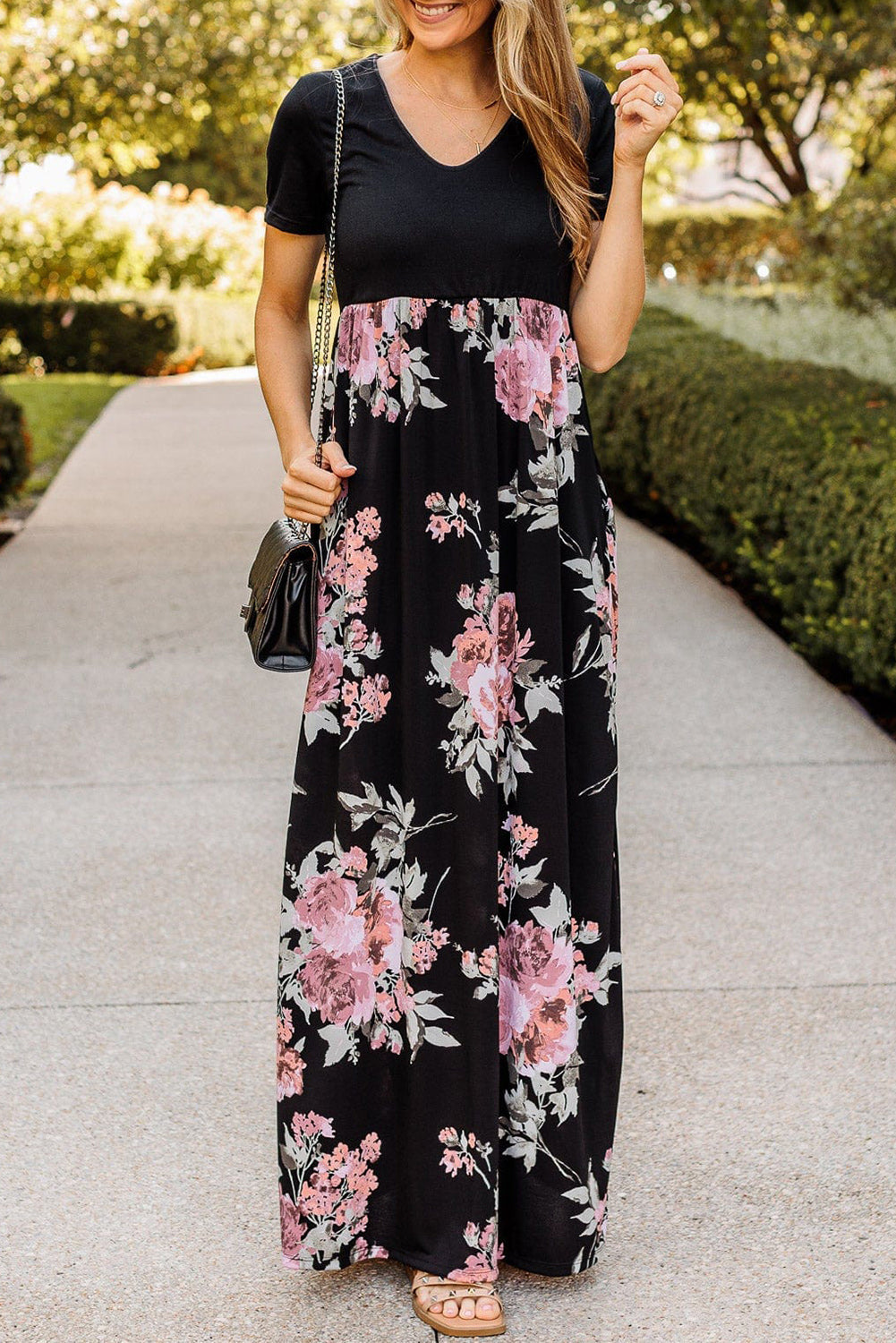 Black Contrast Floral Empire Waist Maxi Dress